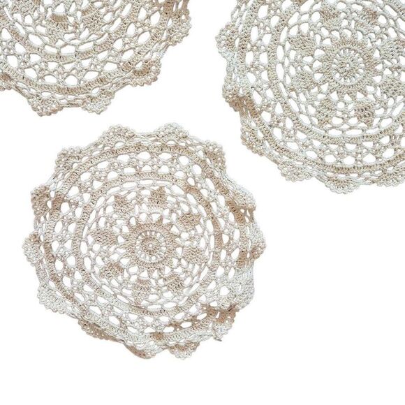 Doilys (3), Vintage Ecru Cotton Crocheted 9.25" - Picture 3 of 7